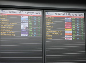 Anzeigetafel mit Abflugzeiten am Flughafen Antalya